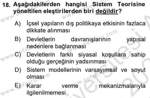 Uluslararası İlişkiler Kuramları 1 Dersi 2022 - 2023 Yılı Yaz Okulu Sınavı 18. Soru