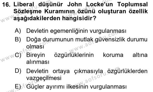 Uluslararası İlişkiler Kuramları 1 Dersi 2023 - 2024 Yılı (Vize) Ara Sınavı 16. Soru