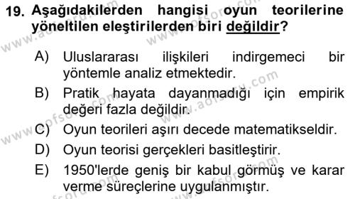 Uluslararası İlişkiler Kuramları 1 Dersi 2023 - 2024 Yılı (Final) Dönem Sonu Sınavı 19. Soru