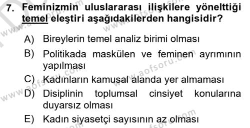 Uluslararası İlişkiler Kuramları 2 Dersi 2021 - 2022 Yılı (Final) Dönem Sonu Sınavı 7. Soru