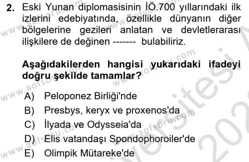 Diplomasi Tarihi Dersi 2021 - 2022 Yılı (Final) Dönem Sonu Sınavı 2. Soru