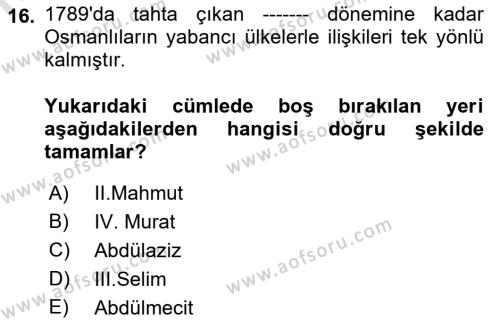 Diplomasi Tarihi Dersi 2022 - 2023 Yılı (Vize) Ara Sınavı 16. Soru