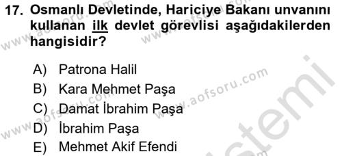 Diplomasi Tarihi Dersi 2022 - 2023 Yılı (Vize) Ara Sınavı 17. Soru