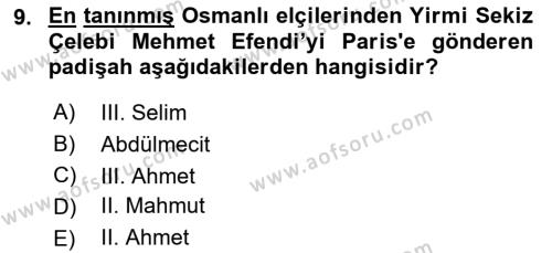 Diplomasi Tarihi Dersi 2022 - 2023 Yılı Yaz Okulu Sınavı 9. Soru