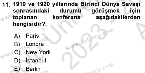 Diplomasi Tarihi Dersi 2023 - 2024 Yılı (Vize) Ara Sınavı 11. Soru