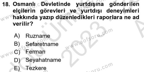 Diplomasi Tarihi Dersi 2023 - 2024 Yılı (Vize) Ara Sınavı 18. Soru