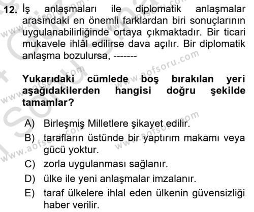 Diplomasi Tarihi Dersi 2023 - 2024 Yılı (Final) Dönem Sonu Sınavı 12. Soru