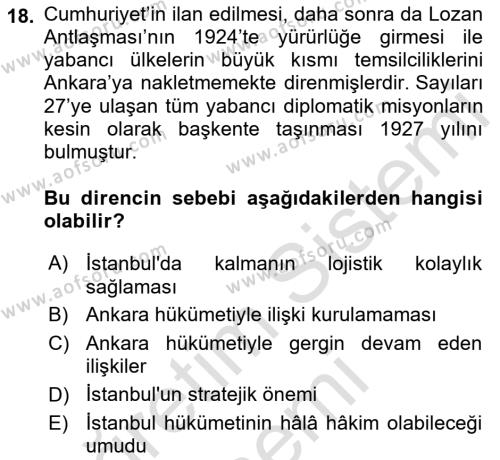 Diplomasi Tarihi Dersi 2023 - 2024 Yılı (Final) Dönem Sonu Sınavı 18. Soru