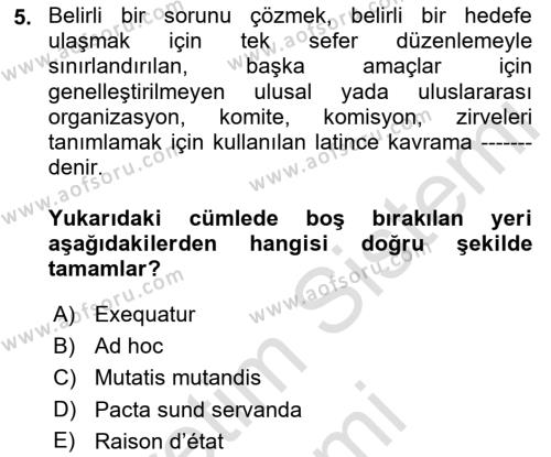 Diplomasi Tarihi Dersi 2023 - 2024 Yılı (Final) Dönem Sonu Sınavı 5. Soru