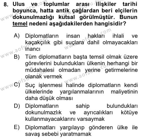 Diplomasi Tarihi Dersi 2023 - 2024 Yılı (Final) Dönem Sonu Sınavı 8. Soru