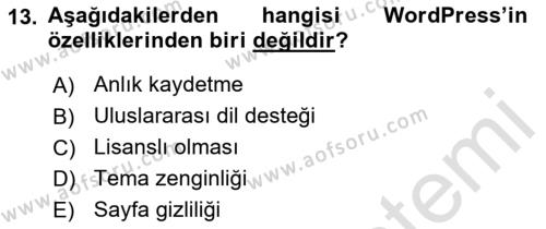 İçerik Yönetim Sistemleri Dersi 2021 - 2022 Yılı (Vize) Ara Sınavı 13. Soru