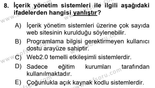 İçerik Yönetim Sistemleri Dersi 2021 - 2022 Yılı (Vize) Ara Sınavı 8. Soru