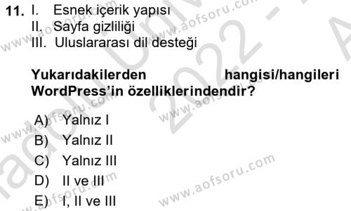 İçerik Yönetim Sistemleri Dersi 2022 - 2023 Yılı (Vize) Ara Sınavı 11. Soru