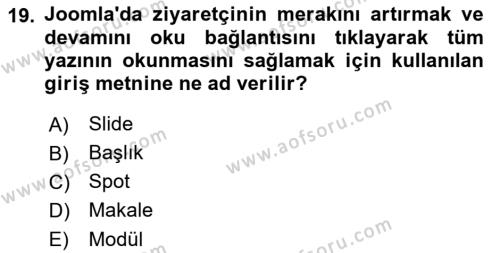 İçerik Yönetim Sistemleri Dersi 2022 - 2023 Yılı (Vize) Ara Sınavı 19. Soru