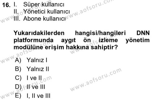 İçerik Yönetim Sistemleri Dersi 2022 - 2023 Yılı Yaz Okulu Sınavı 16. Soru