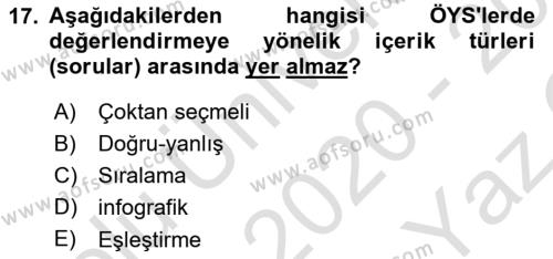 Öğrenme Yönetim Sistemleri Dersi 2020 - 2021 Yılı Yaz Okulu Sınavı 17. Soru