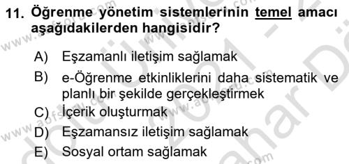 Öğrenme Yönetim Sistemleri Dersi 2021 - 2022 Yılı (Vize) Ara Sınavı 11. Soru