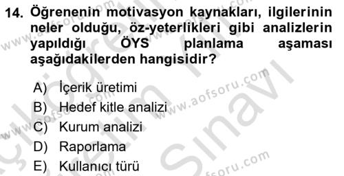 Öğrenme Yönetim Sistemleri Dersi 2021 - 2022 Yılı (Vize) Ara Sınavı 14. Soru