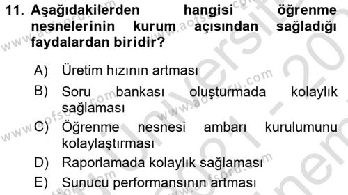 Öğrenme Yönetim Sistemleri Dersi 2021 - 2022 Yılı (Final) Dönem Sonu Sınavı 11. Soru