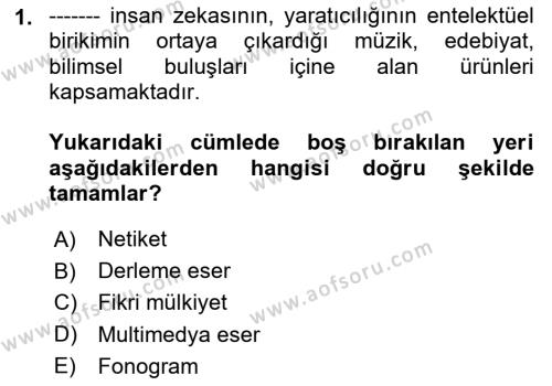 Web’de Telif Hakları ve Etik Dersi 2023 - 2024 Yılı (Final) Dönem Sonu Sınavı 1. Soru