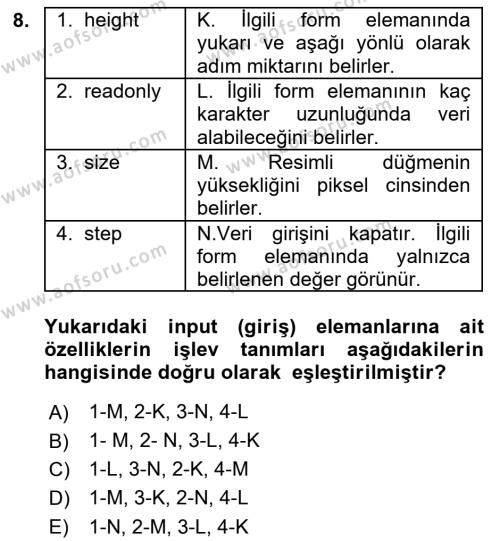 Web Tabanlı Kodlama Dersi 2023 - 2024 Yılı (Final) Dönem Sonu Sınavı 8. Soru