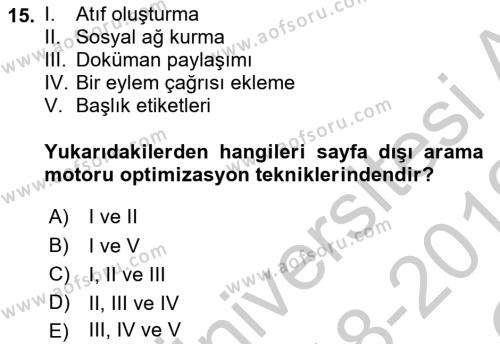 Web Tasarımı Satış ve Pazarlama Dersi 2018 - 2019 Yılı Yaz Okulu Sınavı 15. Soru