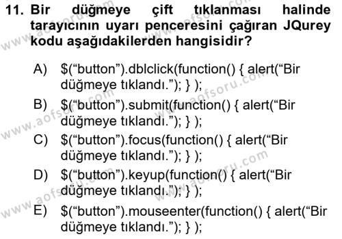 İnternet Tabanlı Programlama Dersi 2020 - 2021 Yılı Yaz Okulu Sınavı 11. Soru