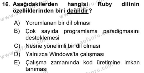 İnternet Tabanlı Programlama Dersi 2020 - 2021 Yılı Yaz Okulu Sınavı 16. Soru