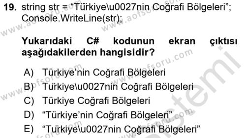 İnternet Tabanlı Programlama Dersi 2020 - 2021 Yılı Yaz Okulu Sınavı 19. Soru