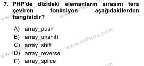 İnternet Tabanlı Programlama Dersi 2020 - 2021 Yılı Yaz Okulu Sınavı 7. Soru