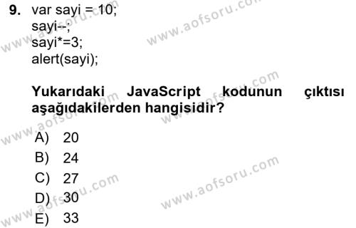 İnternet Tabanlı Programlama Dersi 2020 - 2021 Yılı Yaz Okulu Sınavı 9. Soru