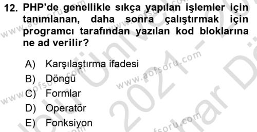 İnternet Tabanlı Programlama Dersi 2021 - 2022 Yılı (Vize) Ara Sınavı 12. Soru