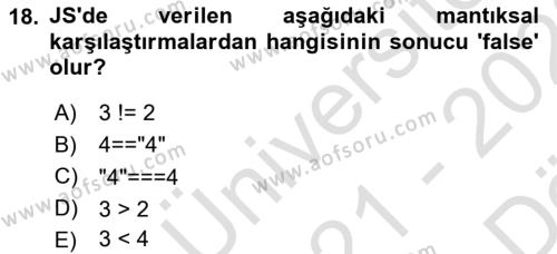 İnternet Tabanlı Programlama Dersi 2021 - 2022 Yılı (Vize) Ara Sınavı 18. Soru