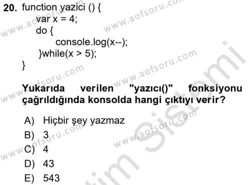 İnternet Tabanlı Programlama Dersi 2021 - 2022 Yılı (Vize) Ara Sınavı 20. Soru