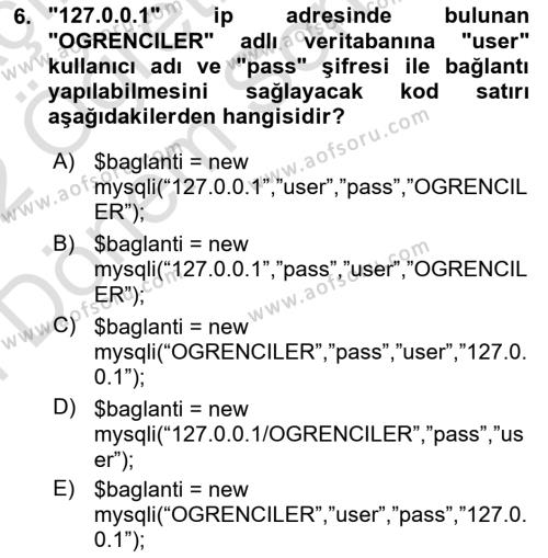 İnternet Tabanlı Programlama Dersi 2021 - 2022 Yılı (Final) Dönem Sonu Sınavı 6. Soru