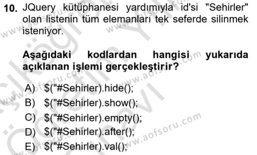 İnternet Tabanlı Programlama Dersi 2021 - 2022 Yılı Yaz Okulu Sınavı 10. Soru