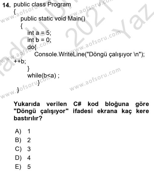 İnternet Tabanlı Programlama Dersi 2021 - 2022 Yılı Yaz Okulu Sınavı 14. Soru