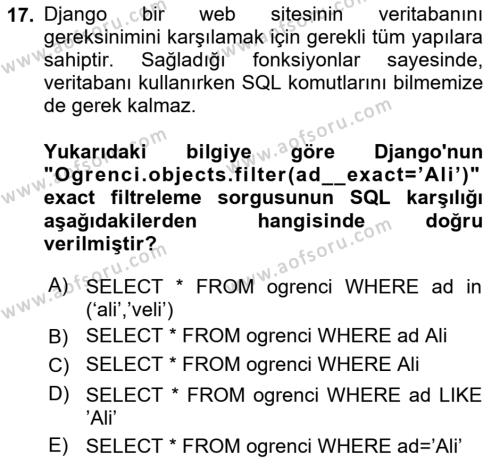 İnternet Tabanlı Programlama Dersi 2021 - 2022 Yılı Yaz Okulu Sınavı 17. Soru