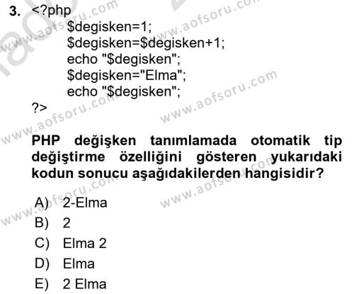 İnternet Tabanlı Programlama Dersi 2021 - 2022 Yılı Yaz Okulu Sınavı 3. Soru