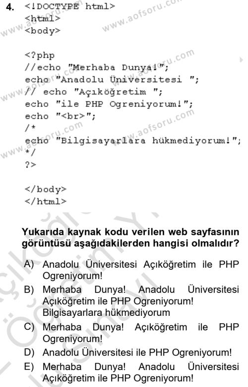 İnternet Tabanlı Programlama Dersi 2021 - 2022 Yılı Yaz Okulu Sınavı 4. Soru