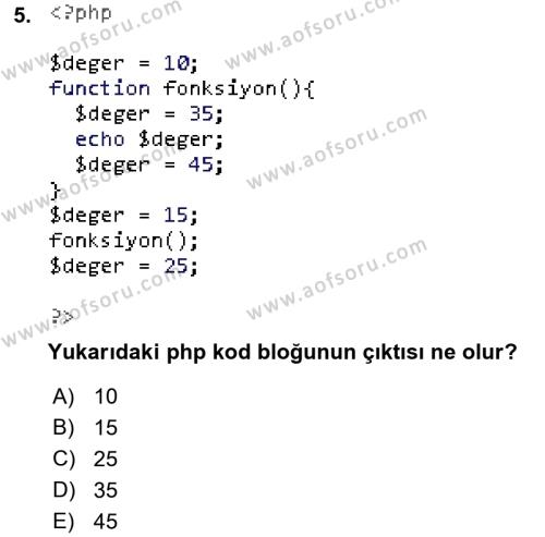 İnternet Tabanlı Programlama Dersi 2021 - 2022 Yılı Yaz Okulu Sınavı 5. Soru