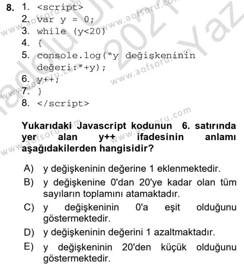 İnternet Tabanlı Programlama Dersi 2021 - 2022 Yılı Yaz Okulu Sınavı 8. Soru