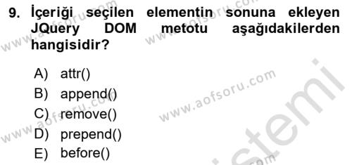 İnternet Tabanlı Programlama Dersi 2021 - 2022 Yılı Yaz Okulu Sınavı 9. Soru