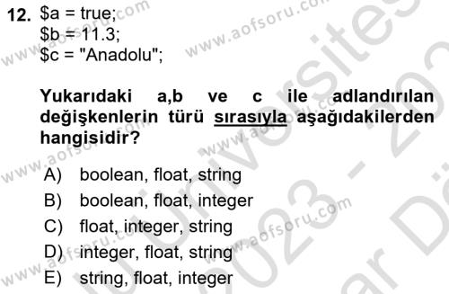 İnternet Tabanlı Programlama Dersi 2023 - 2024 Yılı (Vize) Ara Sınavı 12. Soru