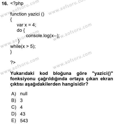 İnternet Tabanlı Programlama Dersi 2023 - 2024 Yılı (Vize) Ara Sınavı 16. Soru