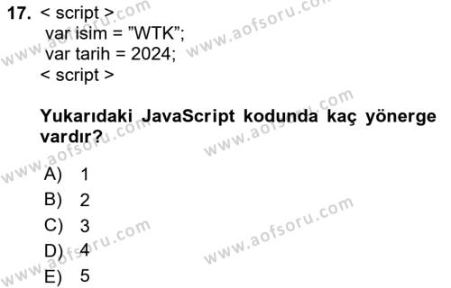 İnternet Tabanlı Programlama Dersi 2023 - 2024 Yılı (Vize) Ara Sınavı 17. Soru