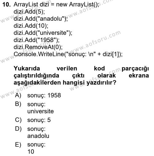 İnternet Tabanlı Programlama Dersi 2023 - 2024 Yılı (Final) Dönem Sonu Sınavı 10. Soru