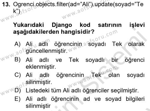 İnternet Tabanlı Programlama Dersi 2023 - 2024 Yılı (Final) Dönem Sonu Sınavı 13. Soru