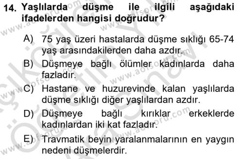 Yaşlılarda Görülebilecek Sorunlar Ve Bakım Hizmetleri Dersi 2023 - 2024 Yılı (Vize) Ara Sınavı 14. Soru