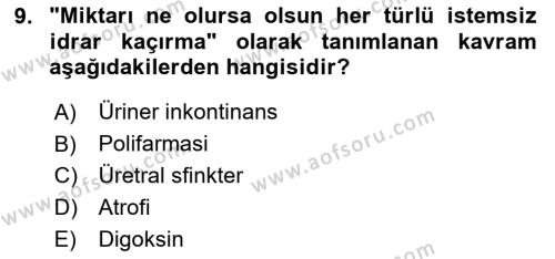 Yaşlılarda Görülebilecek Sorunlar Ve Bakım Hizmetleri Dersi 2023 - 2024 Yılı (Vize) Ara Sınavı 9. Soru